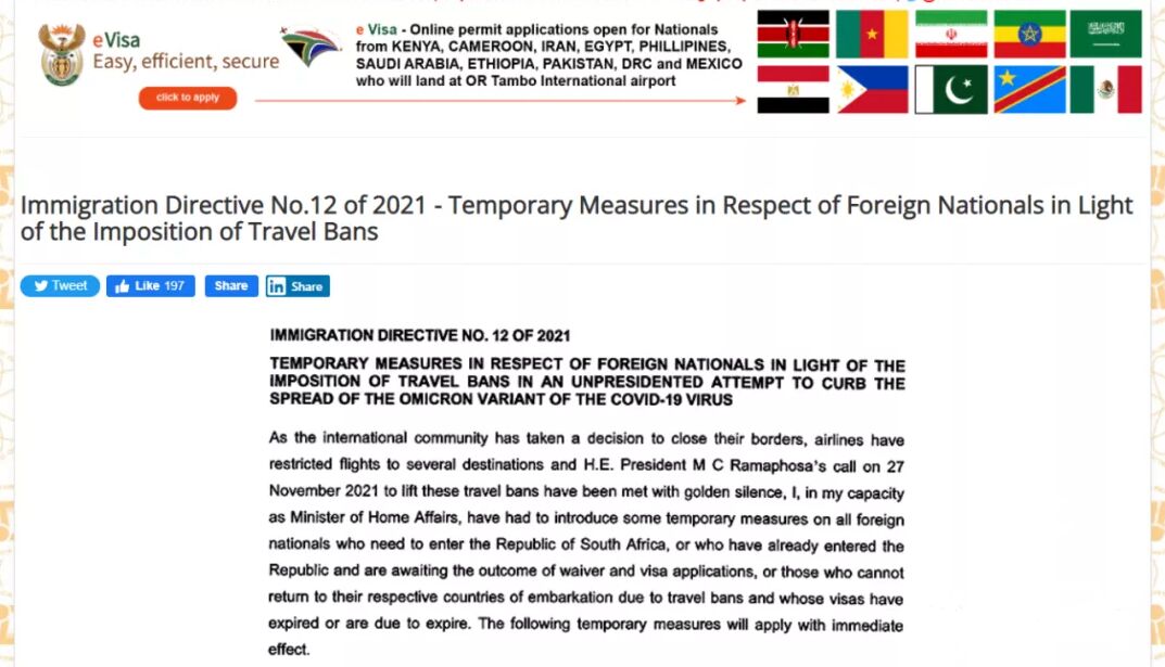 据知名移民中介阿宝服务中心提供的消息，12月21日，南非内政部发布了2021年第12号移民指令，根据该指令，由于受到国际航班停飞和某些国家关闭边境的影响，持有短期访问签证和南非绿卡的人士获得了更长的豁免时间。具体如下： 根据该最新移民指令： a.在南非申请了豁免TRW的外国人，可以继续在南非等待申请结果直到2022年3月31日，也可以选择在2022年3月31日之前离开南非，而不会被列入超期停留黑名单；据阿宝服务中心介绍，这类人士大部分是想申请普通工作签证或投资签证类别的人，但是难以获得劳工部和贸工部的相关证明文件，因此申请豁免，获得了豁免信之后，就不再需要劳工部和贸工部的证明文件了，当然，由于南非失业率极高，如果不是大公司，豁免信较难通过。 b.已经在南非境内提交了签证申请的人（包括签证延期申请），这类人可以在南非按照原来的签证上面的规定继续停留等待结果直到2022年3月31日，也可以选择放弃等待结果而在2022年3月31日之前离开南非，在这个时间之前拿着签证申请收据离开南非不会列入超期停留黑名单，内政部还强调，在等待期间不得违背原来签证上面的条款规定； 对于申请的是长期签证类别而申请结果还没有下来的，如陪伴签证，学生签证，工作签证，退休签证等的，如果你是来自南非规定的免签证国家的人，那么你可以在假期期间拿着签证申请收据进出南非；但是，如果你是来自南非规定的需要签证的国家的人，那么你拿着签证申请收据离开南非后，重新进入南非需要重新办一个签证，同时持有签证申请收据，中国护照的是需要签证的，大家需要注意； c. 在2021年10月1日之后持有访问签证到南非的，比如拿旅游签证，商务访问签证或其他访问签证等到南非的，如果签证已经过期或即将过期的，不用担心，内政部允许你继续停留直到明年的3月31日，这2022年3月31日之前，你可以继续停留在南非，可以选择延期签证或继续停留，或离开南非，要是小编，当然先不去延期签证，现在疫情这么严重，先等等，边等航班边看情况，只要在2022年3月31日前做个决定就好。 最后是有关持有南非永久居留身份的人士的豁免 据阿宝服务中心表示，从该移民指令上说阐述的来看，持有南非绿卡PR的外国人，由于受到航班取消或其他原因影响，无法入境南非满足绿卡规定的（比如“离开南非不得超过3年的”）条件的人，可以在2022年7月31日之前入境南非，PR绿卡不会被取消；同时内政部部长在移民指令上写上了继续豁免持有绿卡的外国人的原因：有许多持有南非绿卡的家庭的孩子正在国外上学，学期从7月份到第二年的6月份，因此才继续豁免。阿宝服务中心透露，根据以往的政策看，从该阐述上看，这其实也透露了这可能是最后一次对持有绿卡人士的豁免。