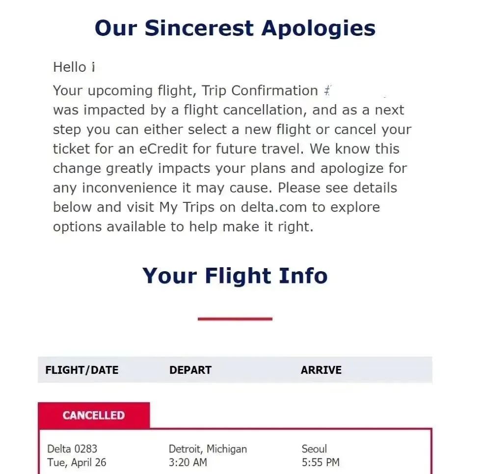 达美航空的机票取消通知